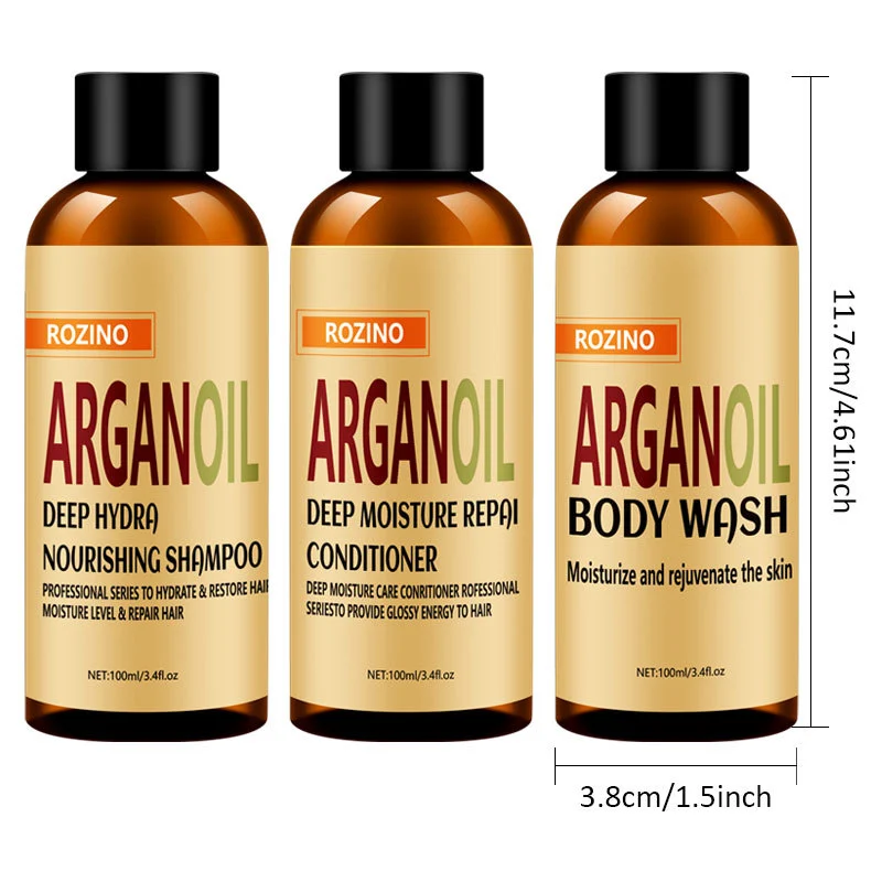 Argan Oil Shampoo Conditioner Body Wash Trio Set 3x100ml Moisturizing Frizz Control