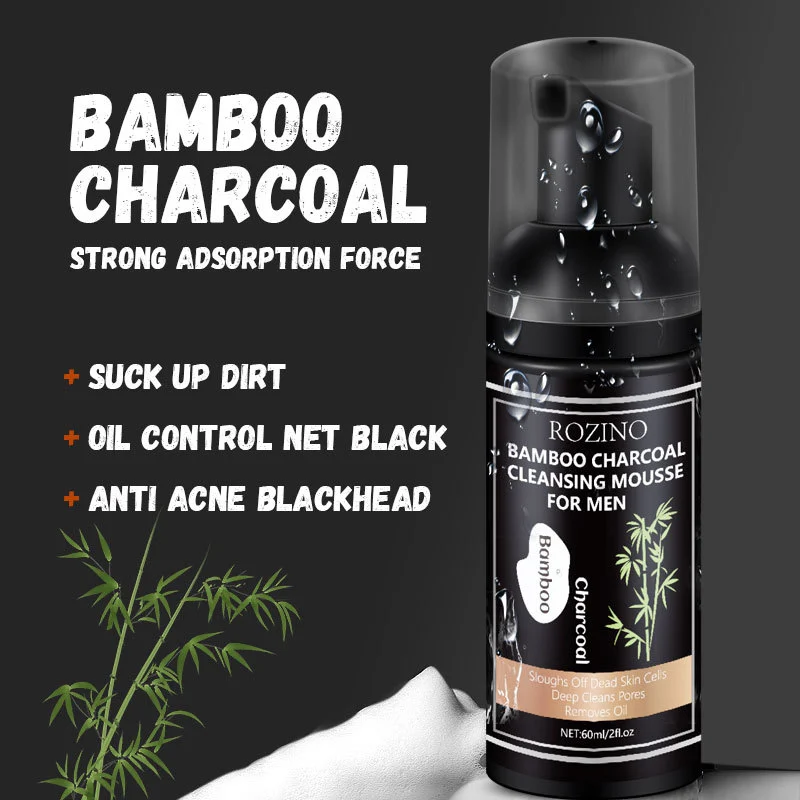 Bamboo Charcoal Cleansing Mousse for Men, ROZINO Oil Control & Anti-Acne Deep Pore Cleanser (60ml)