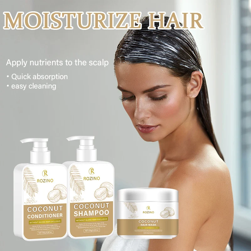 Coconut Oil Hair Care Set for Frizz Control & Smoothing, ROZINO 3-Piece Shampoo, Conditioner, and Hair Mask Kit