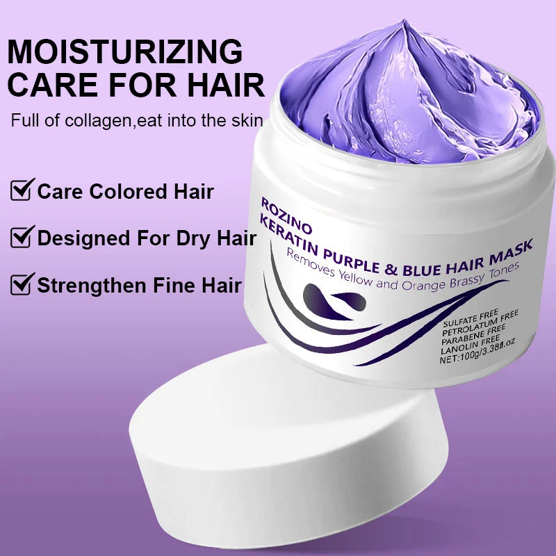 keratin-hair-mask-damaged-repair-toning-spu822866392960-1 Keratin Hair Mask for Damaged Hair Repair and Brassy Tone Removal - ROZINO Purple & Blue Moisturizing Treatment (100g)