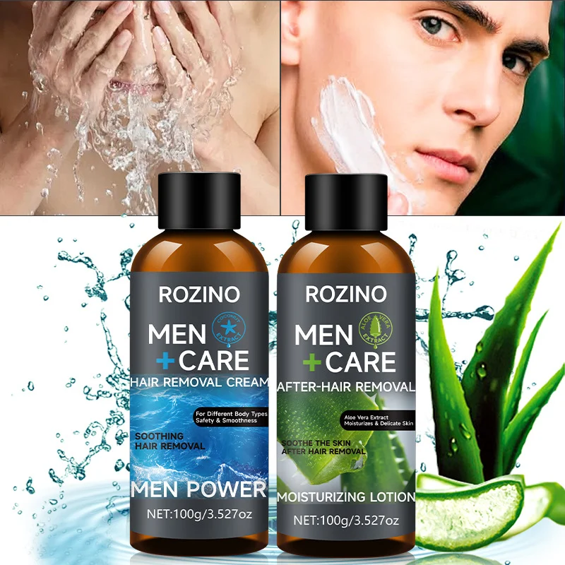 Men's Hair Removal Cream Set ROZINO 2-in-1 Hair Removal & Soothing Lotion with Aloe Vera Extract
