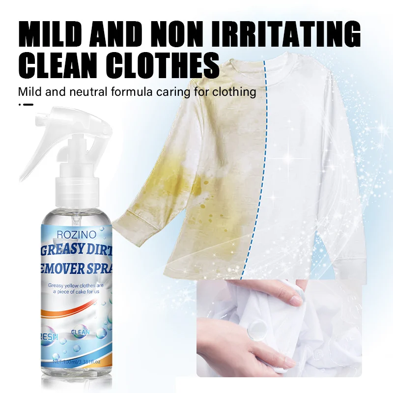 Oil Stain Remover Spray for Clothes ROZINO Greasy Dirt Remover 100ml Fast Laundry Stain Treatment
