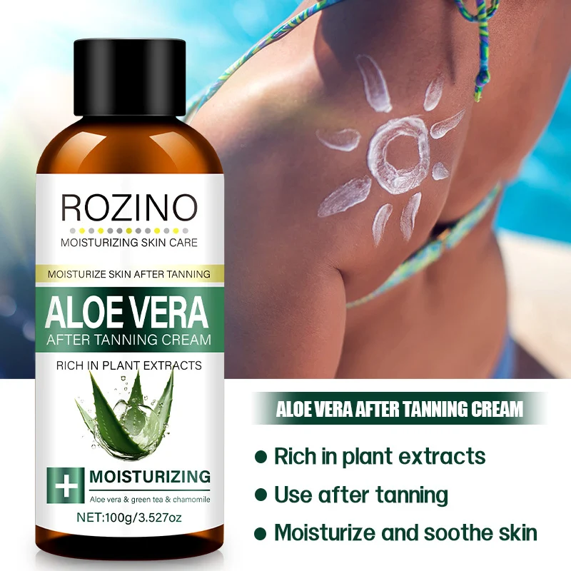 Aloe Vera After Tanning Repair Cream - ROZINO Soothing Moisturizer with Green Tea & Chamomile for Sunburn Relief & Tan Maintenance (100g)
