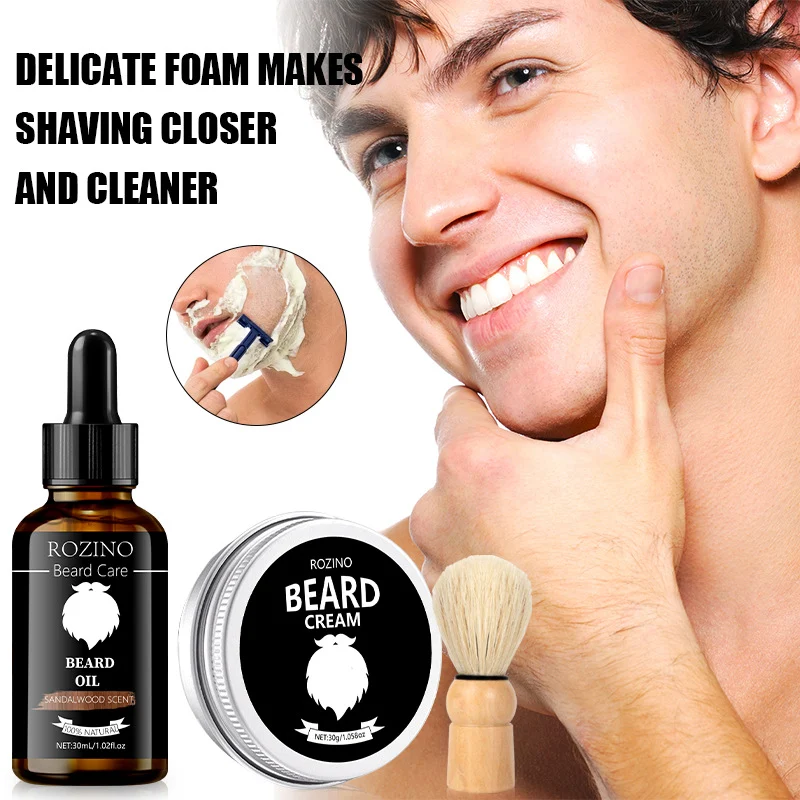 Beard Care Kit for Men ROZINO 3-Piece Grooming Set with Sandalwood Beard Oil, Balm, and Brush
