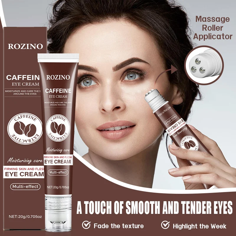 ROZINO Caffeine Eye Cream with Massage Roller - Anti-Aging Under Eye Treatment for Dark Circles, Puffiness & Fine Lines (20g)