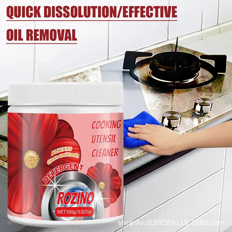 ROZINO Kitchen Grease Cleaner Powder - Heavy Duty Oil Stain Remover & Multi-Purpose Cooking Utensil Cleaner - Cherry Blossom Scent (100g)