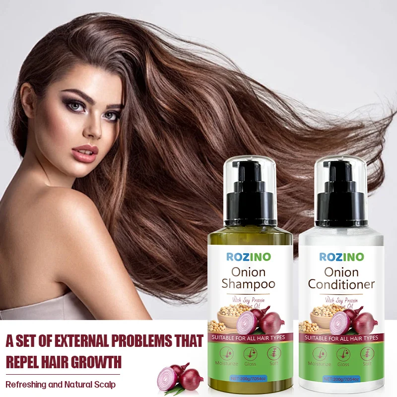 Onion Shampoo and Conditioner Set - ROZINO Anti-Frizz & Volumizing Hair Care Kit for Silky Smooth Results (200g x 2)