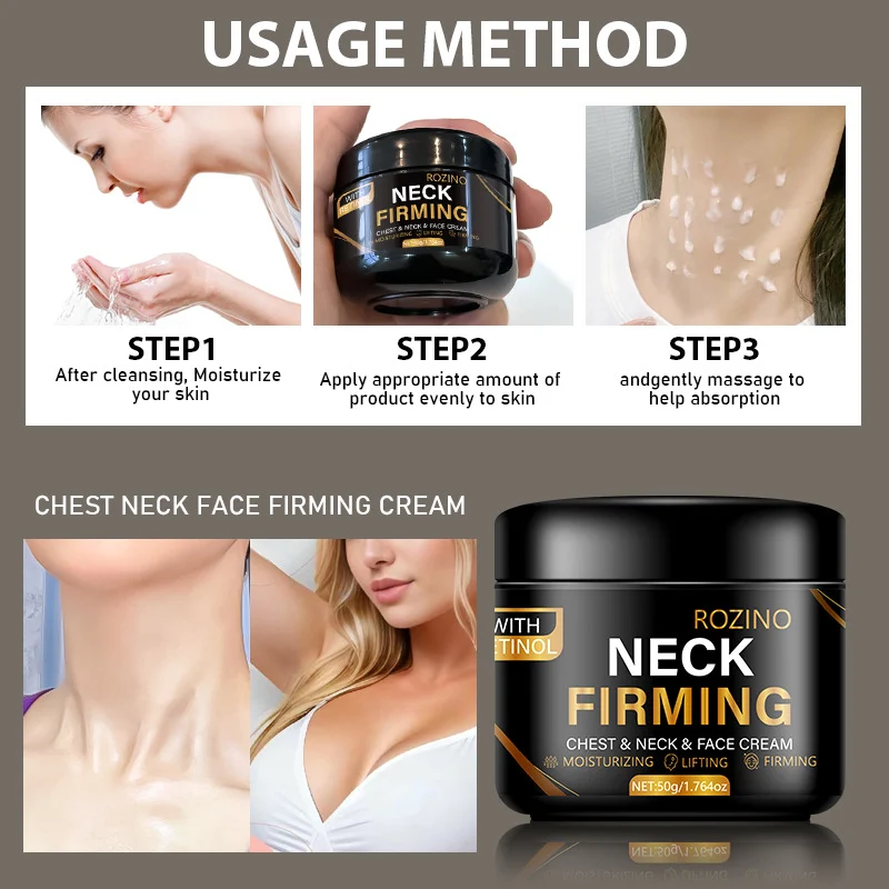 Retinol Neck Firming Cream - ROZINO Anti-Aging Face & Chest Moisturizer - Lifting, Tightening & Wrinkle Reduction with Collagen & Aloe (50g)