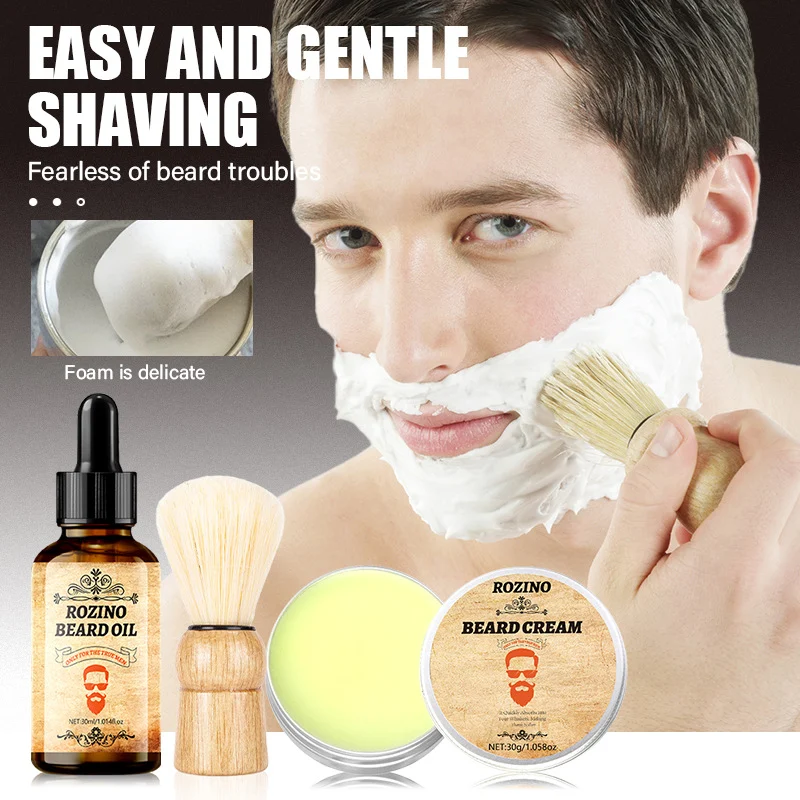 ROZINO Sandalwood Shaving Kit - 3-Piece Men's Grooming Set with Foaming Beard Cream, Essential Oil & Application Brush