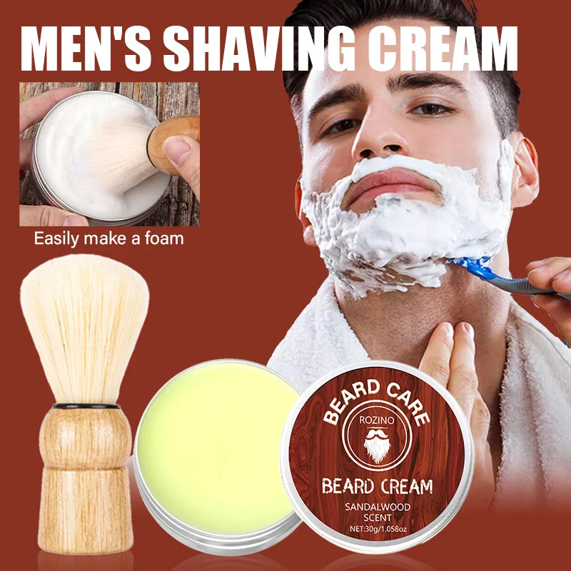 Shaving Cream Set Sandalwood Scent Men's Beard Care Kit with Brush for Deep Cleaning