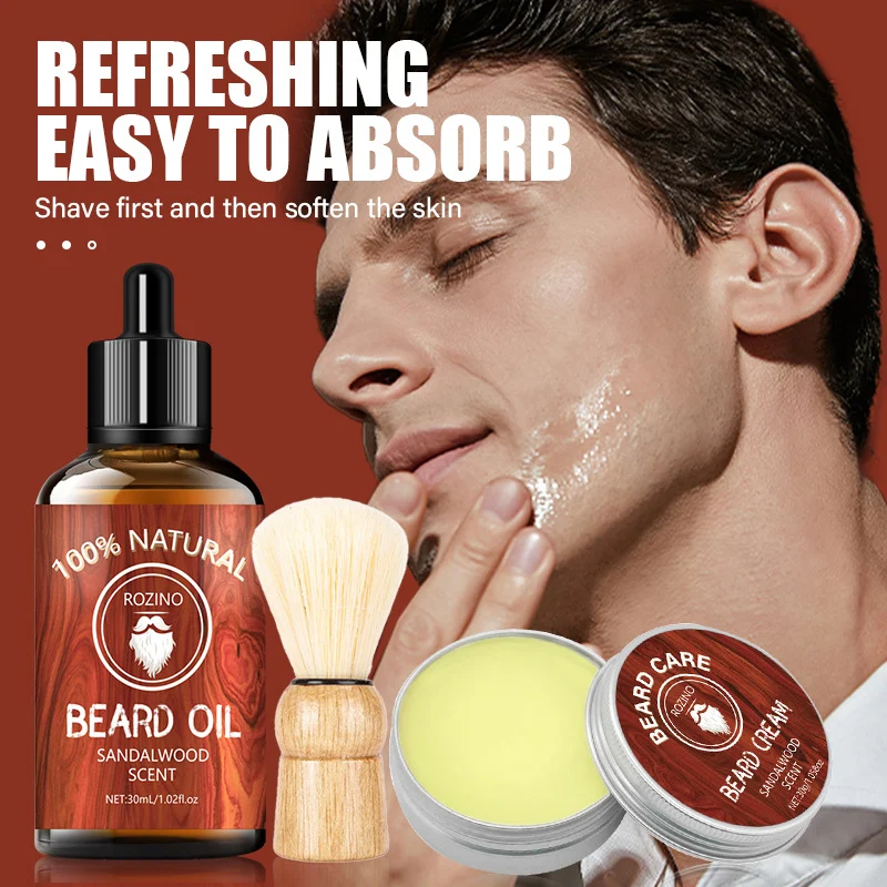 Sandalwood Shaving Kit for Men ROZINO Professional Beard Care Set with Shaving Cream and Essential Oil