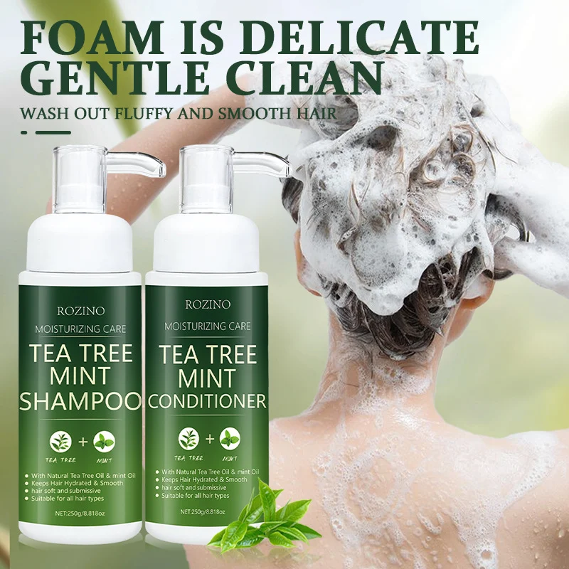 Tea Tree & Mint Shampoo and Conditioner Set for Frizzy Hair Smoothing and Hydrating ROZINO 250g x 2