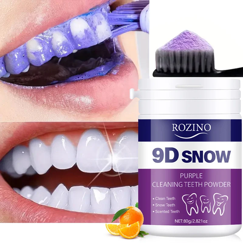 Teeth Whitening Powder ROZINO 9D Snow Purple Cleaning Powder for Fresh Breath and Stain Removal 80g