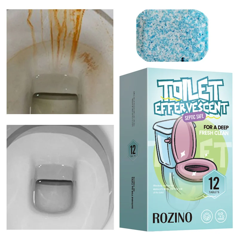 Toilet Cleaning Effervescent Tablets ROZINO Powerful Stain and Odor Remover for Deep Fresh Clean, 12 Count