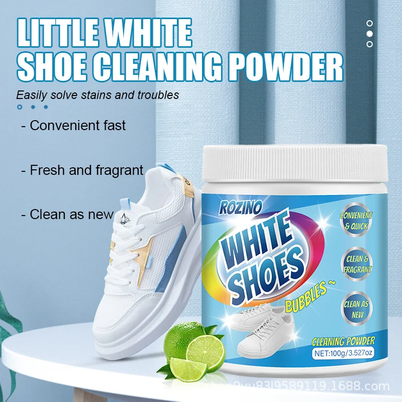 Close-up of white sneakers being soaked in bubbly water with ROZINO cleaner