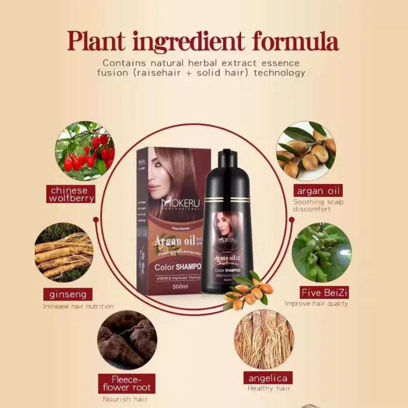 Argan Oil Hair Dye Shampoo for Gray Coverage Mokeru Plant-Based Instant Hair Color 500ml