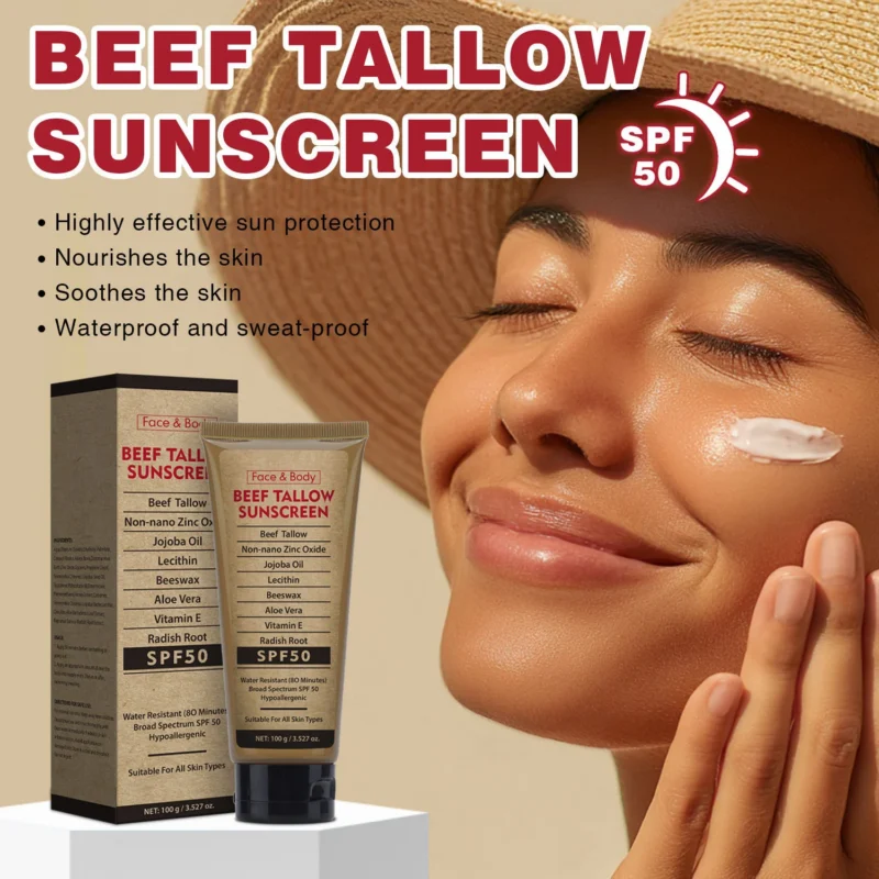 Beef Tallow Sunscreen SPF 50 Organic Grass-Fed Waterproof Face & Body Lotion 100g