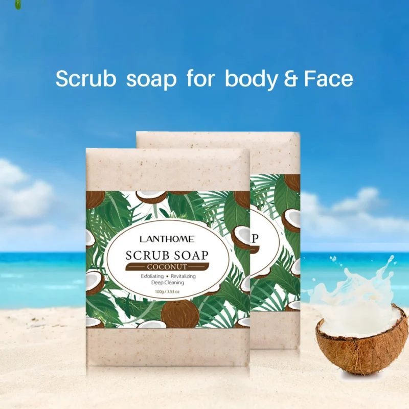 Exfoliating Scrub Soap for Face and Body Lanthome Coconut Oil Deep Cleansing Bar 100g