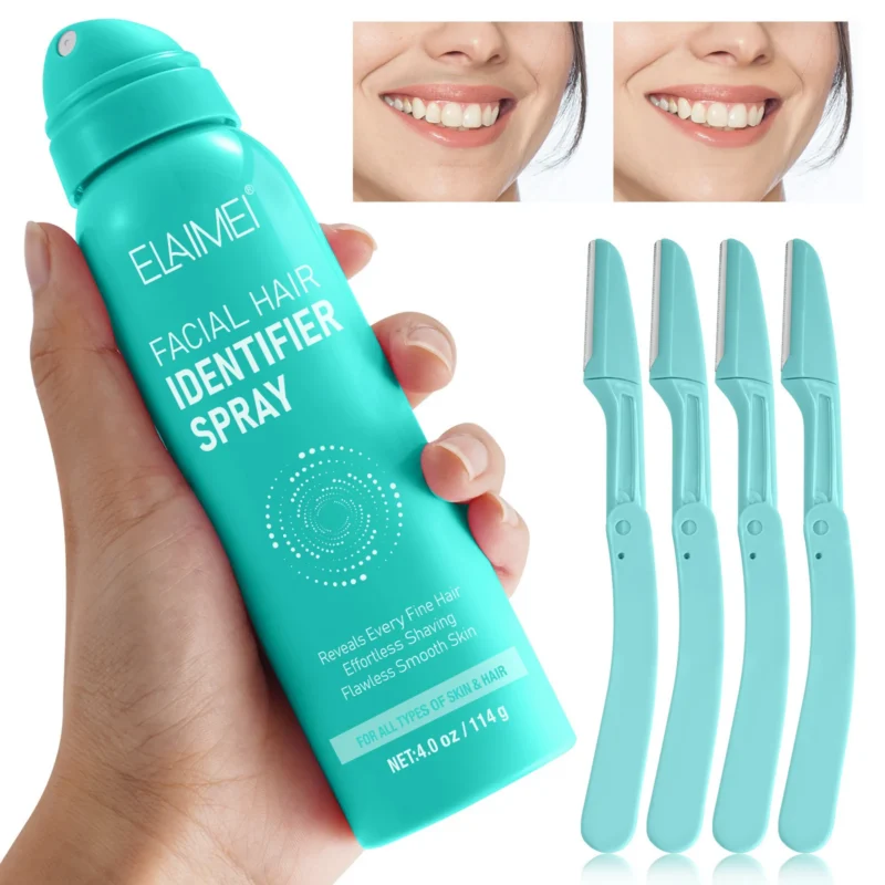 Facial Hair Identifier Spray Kit with 4 Dermaplaning Razors - Highlights Peach Fuzz for Flawless Shaving - 114g