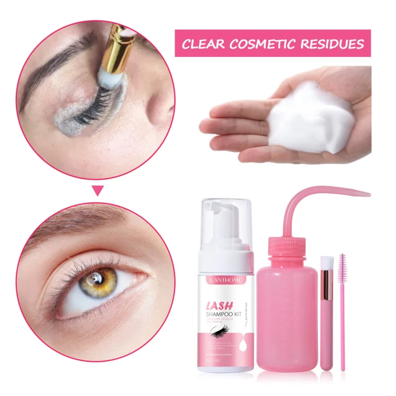Eyelash Shampoo Kit for Extensions - 100ml No Irritation Lash Cleanser Foam with Rinse Bottle & Brushes for Salon Home Use