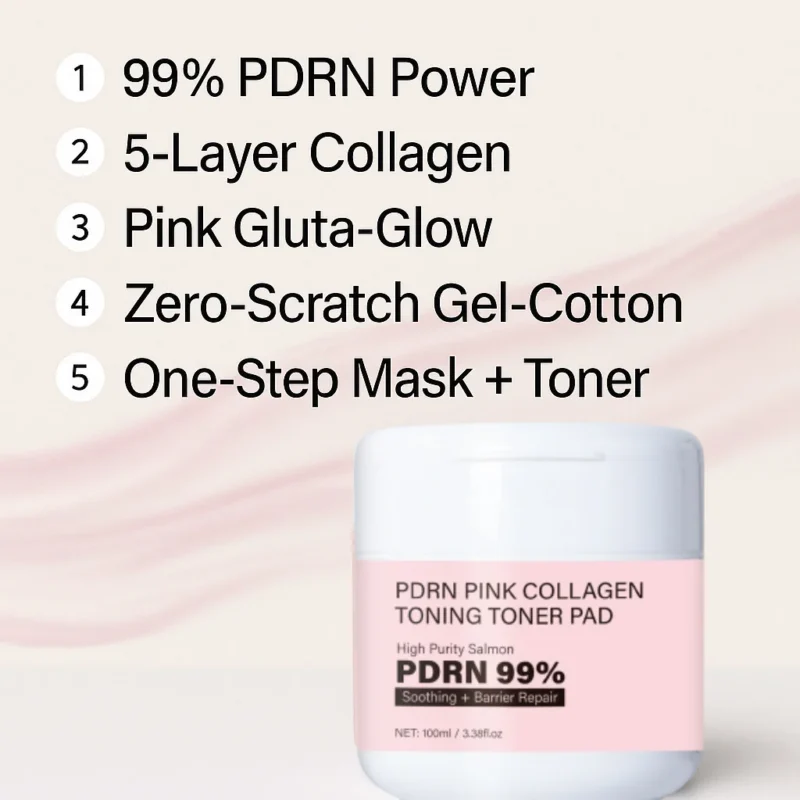 PDRN Pink Collagen Toner Pads for Barrier Repair and Skin Glow, 99% Salmon PDRN Soothing Facial Treatment (60 PCS)