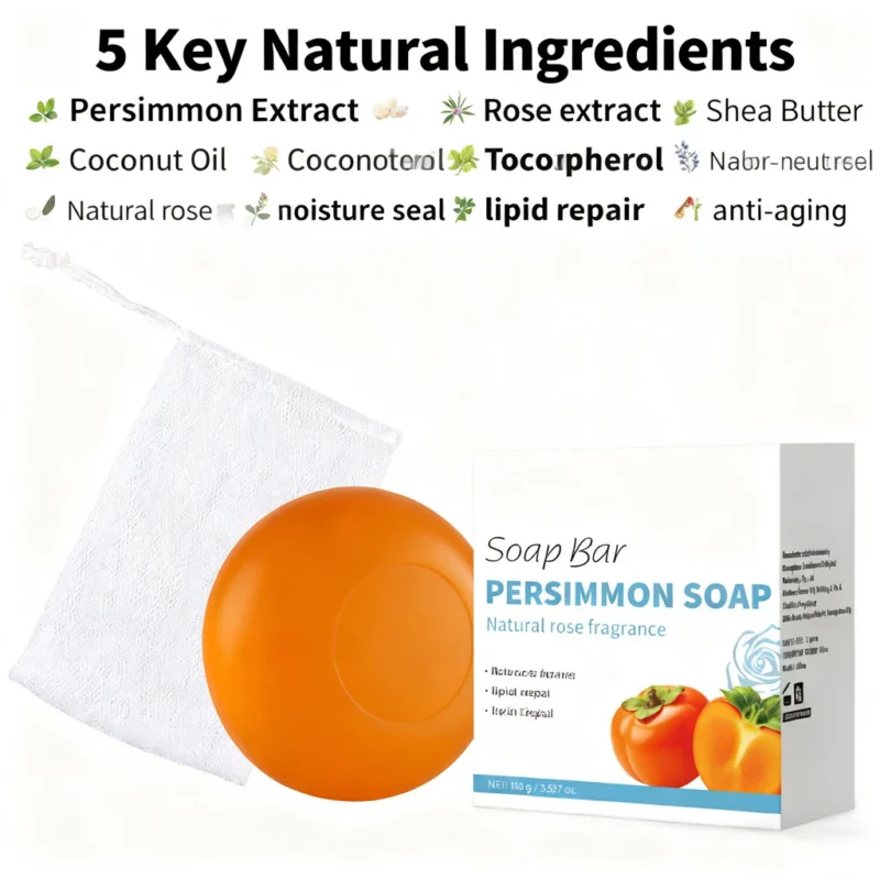 Persimmon Deodorizing Soap for Nonenal Odor Removal - Long Lasting Rose Fragrance Natural Skin Brightening Bar - 100g