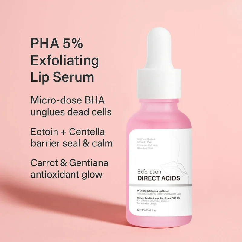 PHA 5% Exfoliating Lip Serum for Softening and Hydrating Lips - 15ml Gentle Lip Exfoliator