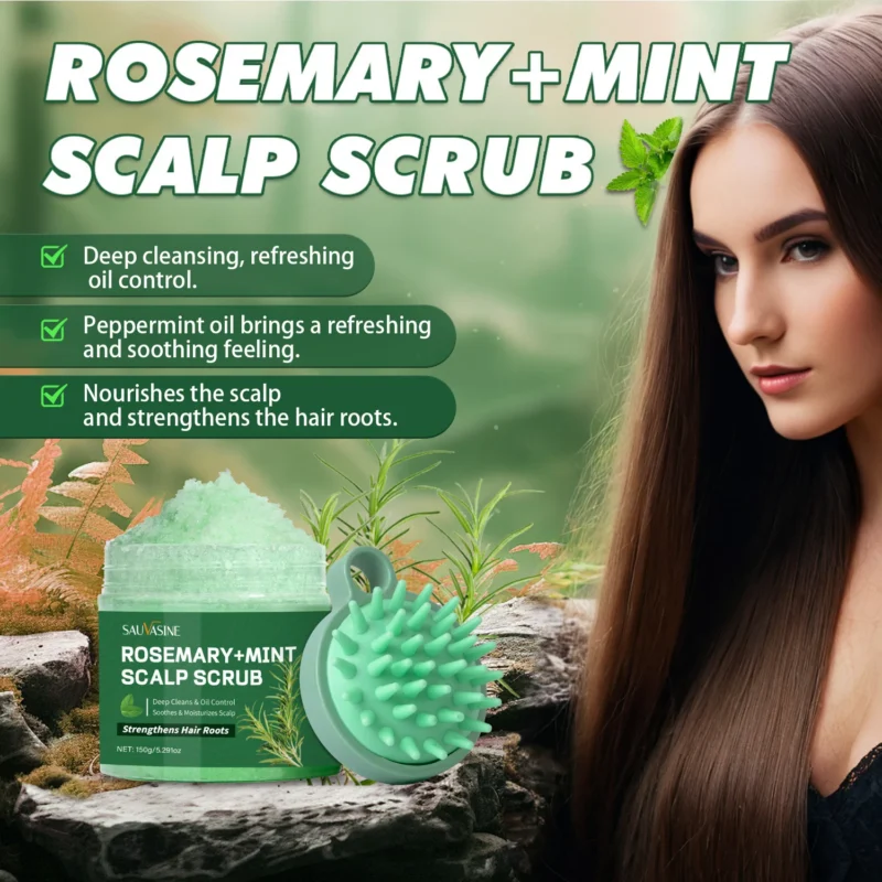 Rosemary Mint Scalp Scrub Shampoo SAUVASINE Exfoliating Scalp Treatment with Massage Comb 150g