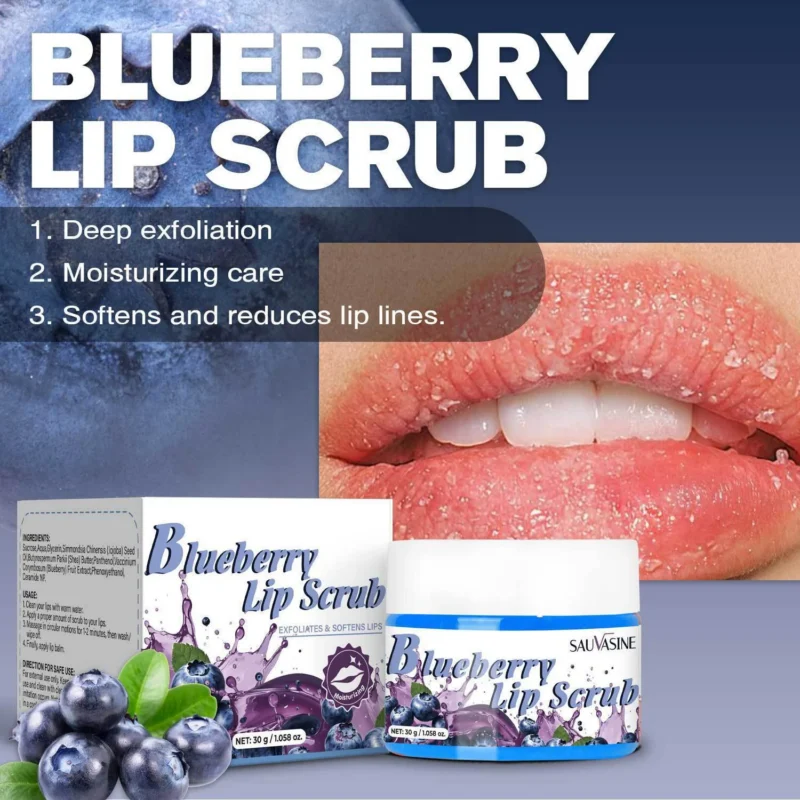 Blueberry Lip Scrub Exfoliator & Moisturizer - Gentle Lip Repair Mask with Jojoba Oil & Shea Butter for Dry Cracked Lips (30g)