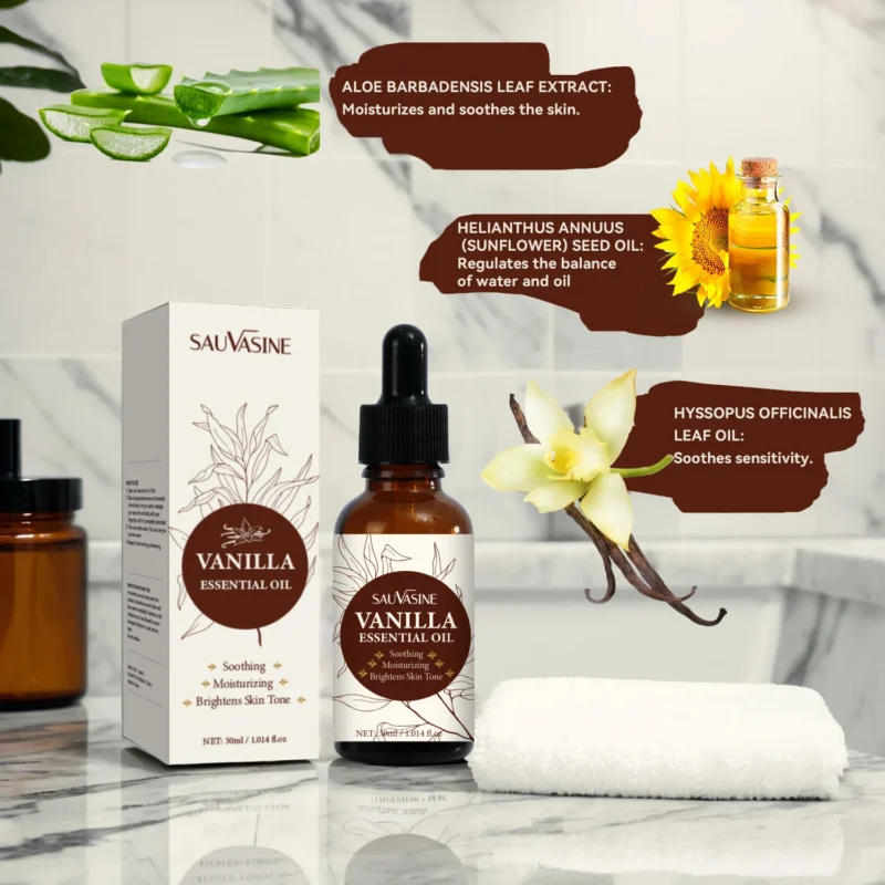 Vanilla Essential Oil Facial Serum - SAUVASINE Soothing & Brightening Moisturizer with Aloe & Sunflower Oil (30ml)
