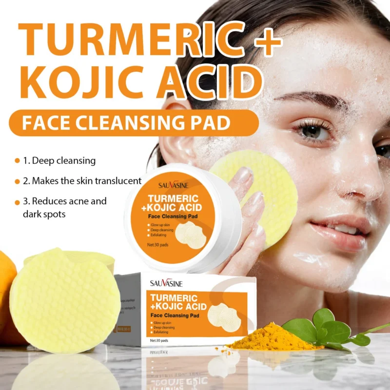 Turmeric Kojic Acid Cleansing Pads (30pcs) - SAUVASINE Exfoliating Face Scrubber for Dark Spots & Acne - Brightening Deep Pore Cleanser with Centella Asiatica