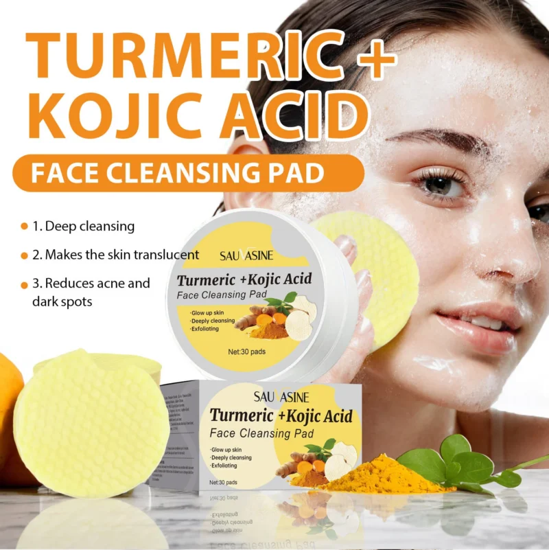 Turmeric Kojic Acid Cleansing Pads for Face Brightening, Acne Treatment, and Deep Pore Cleansing - 30 Pads