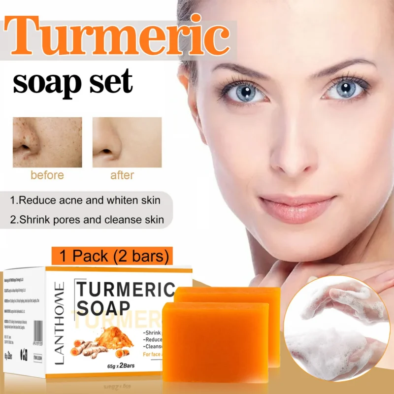 Turmeric Soap for Acne & Skin Whitening - Lanthome Natural Cleansing Bar for Face and Body (65g x 2 Bars)