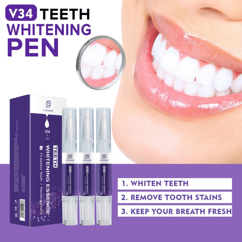 V34 Teeth Whitening Pen (3-Pack) - Lanthome Color Corrector Serum for Instant Brightening & Stain Removal - Enamel Safe Purple Tooth Gel