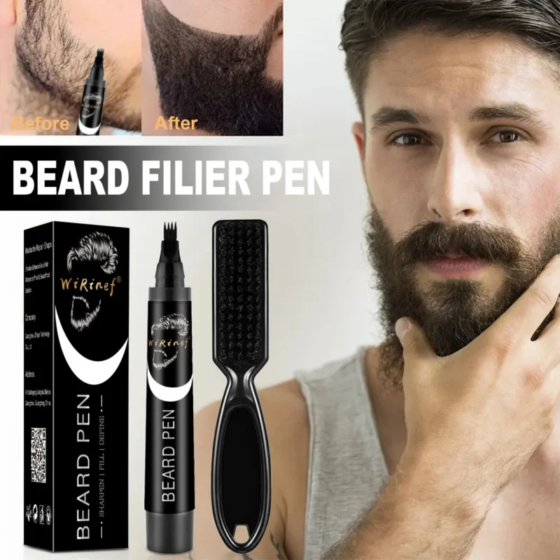 WiRinef Beard Filler Pen Kit - Waterproof 4-Tip Micro-Fork Beard Pencil & Brush for Patchy Facial Hair Coverage