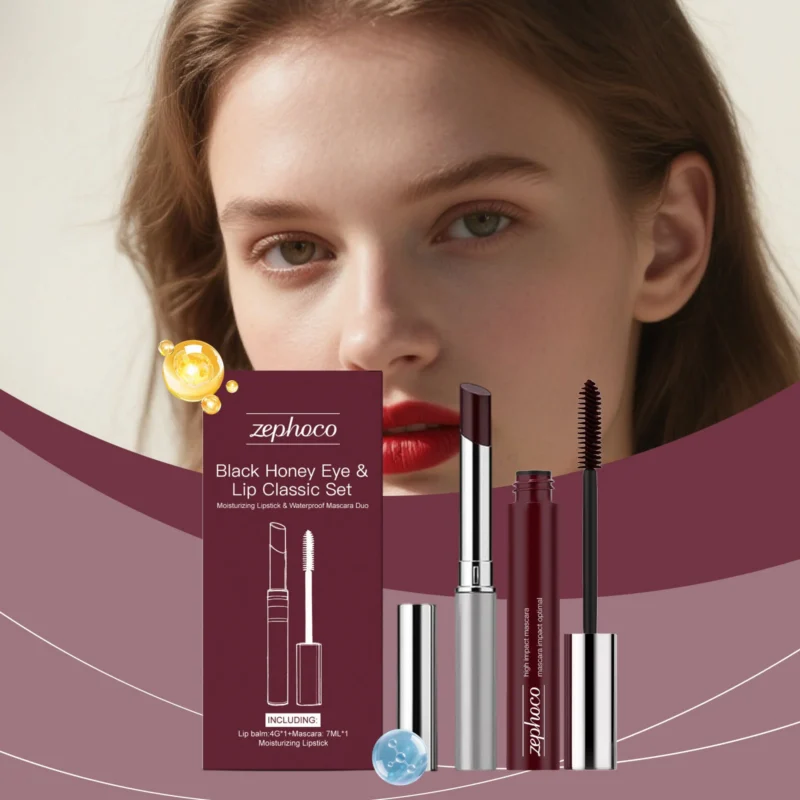 Black Honey Eye & Lip Set zephoco Classic Brown Makeup Duo with Moisturizing Lipstick and Waterproof Mascara